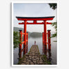 Japanese landscape photography of Hakone Shrine red torii gate over calm lake