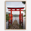 Japanese landscape photography of Hakone Shrine red torii gate over calm lake