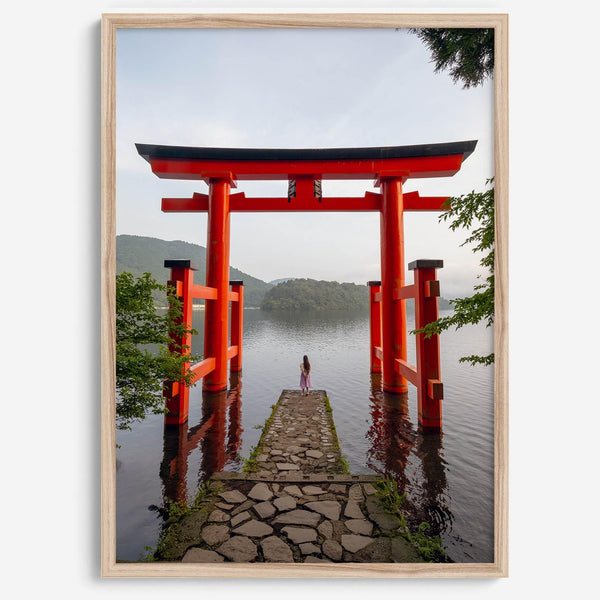 Japanese landscape photography of Hakone Shrine red torii gate over calm lake