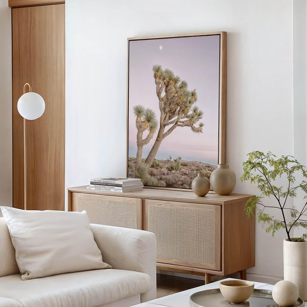Fine art canvas of Joshua Tree under moonlit sky, framed in FSC hardwood with soft desert tones