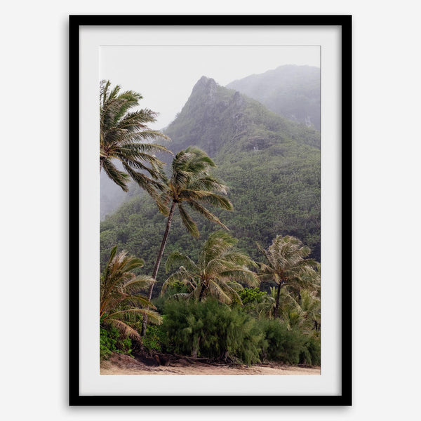 Kauai palm tree wall art featuring tropical palms and misty mountains at Keʻe Beach