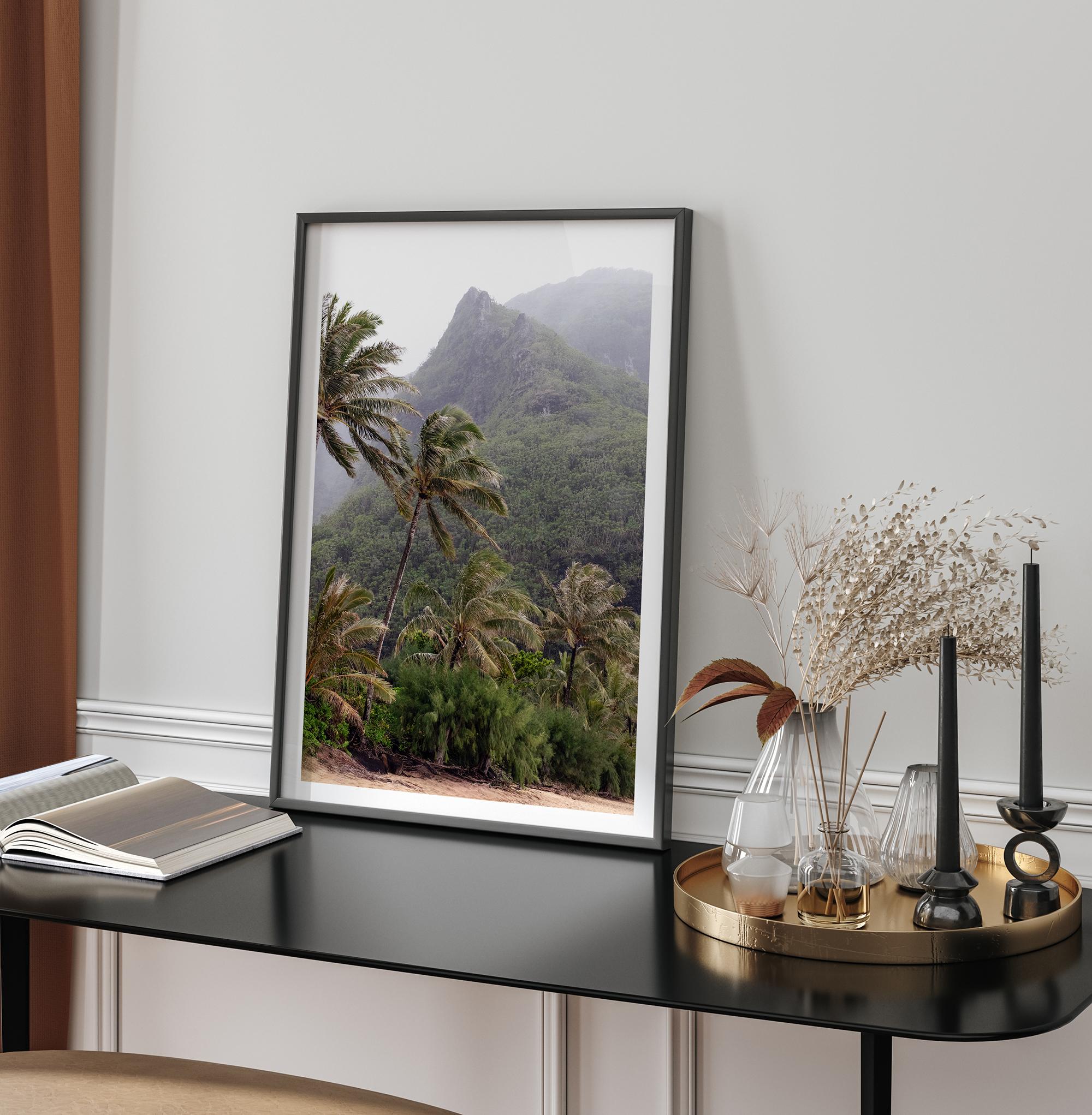 Kauai palm tree wall art featuring tropical palms and misty mountains at Keʻe Beach