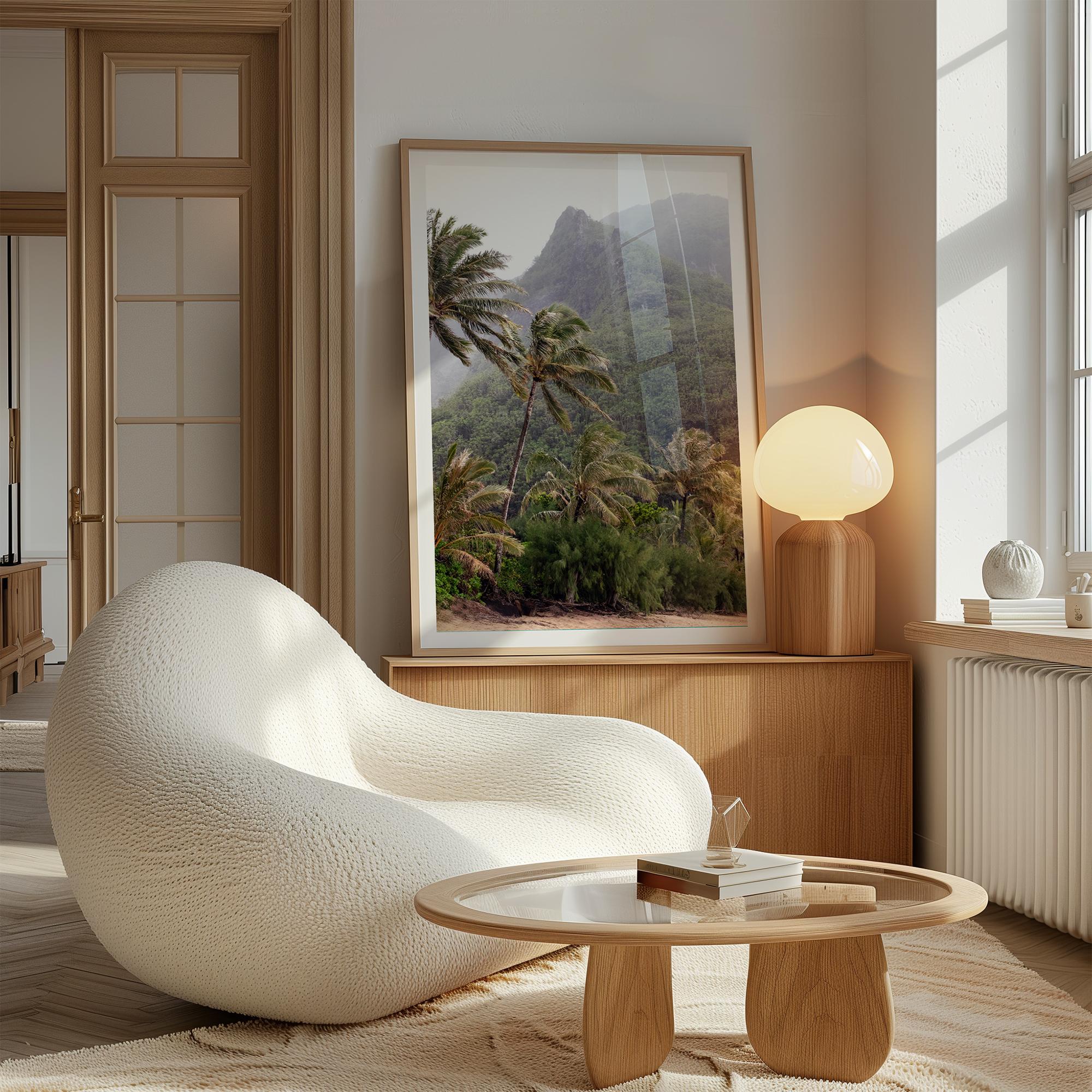 Kauai palm tree wall art featuring tropical palms and misty mountains at Keʻe Beach