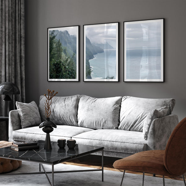 Kauai triptych wall art featuring the dramatic Nā Pali Coast with ocean cliffs and tropical scenery in panoramic fine art photography.
