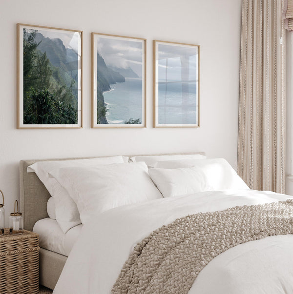 Kauai triptych wall art featuring the dramatic Nā Pali Coast with ocean cliffs and tropical scenery in panoramic fine art photography.
