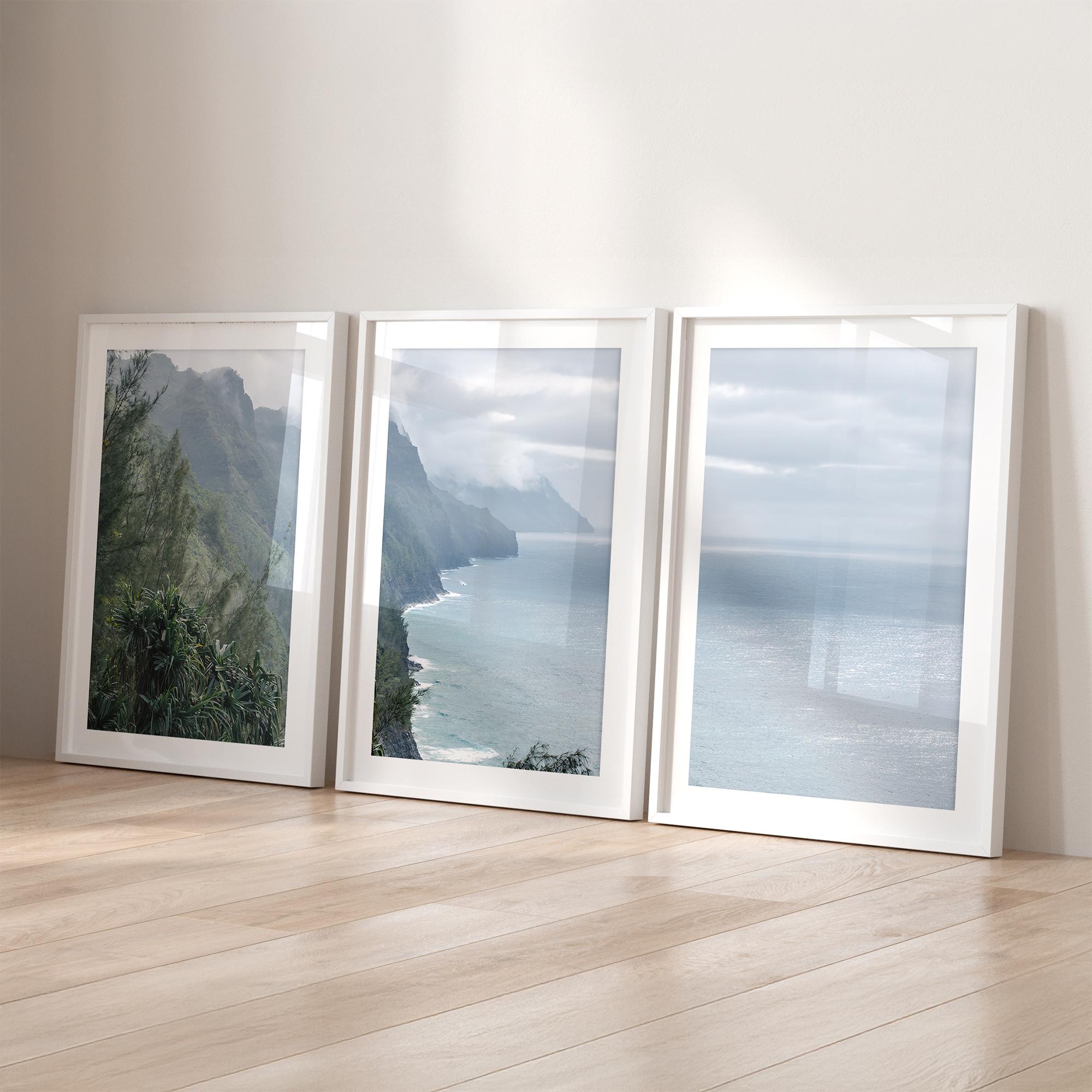 Kauai triptych wall art featuring the dramatic Nā Pali Coast with ocean cliffs and tropical scenery in panoramic fine art photography.