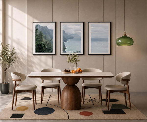 Kauai triptych wall art featuring the dramatic Nā Pali Coast with ocean cliffs and tropical scenery in panoramic fine art photography.