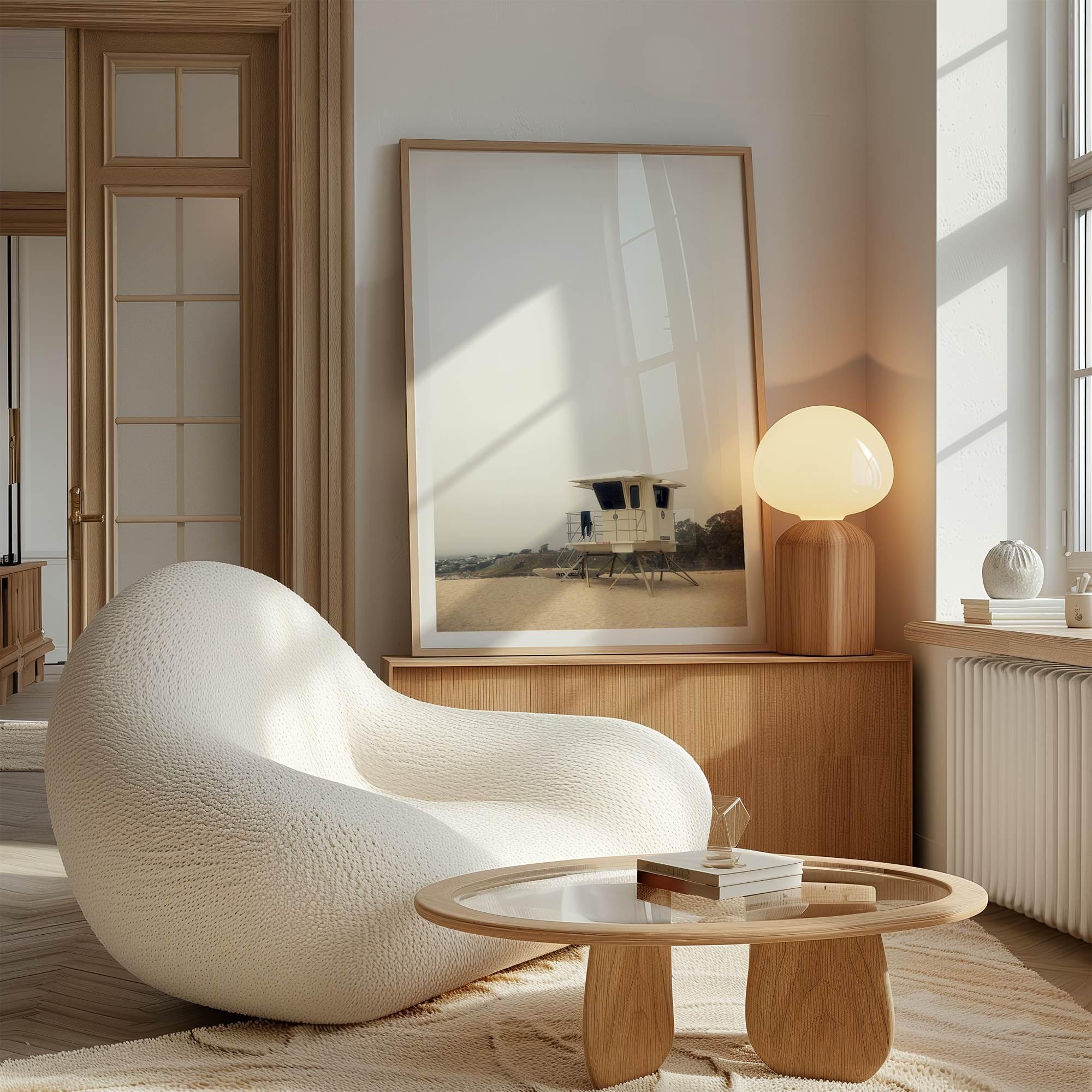 Fine art photograph of a lifeguard stand on the California coast, perfect for modern neutral decor.
