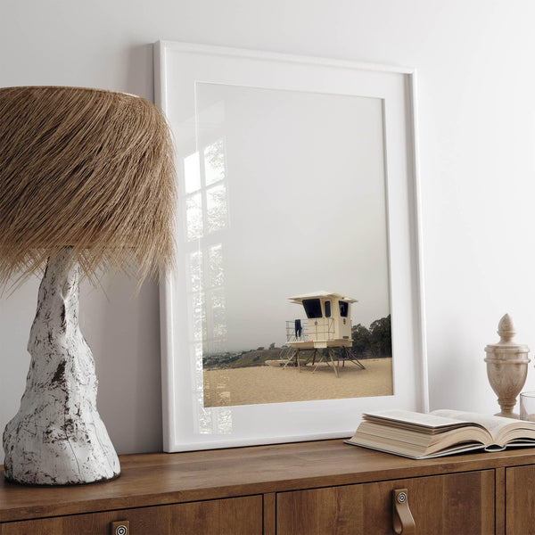 Fine art photograph of a lifeguard stand on the California coast, perfect for modern neutral decor.
