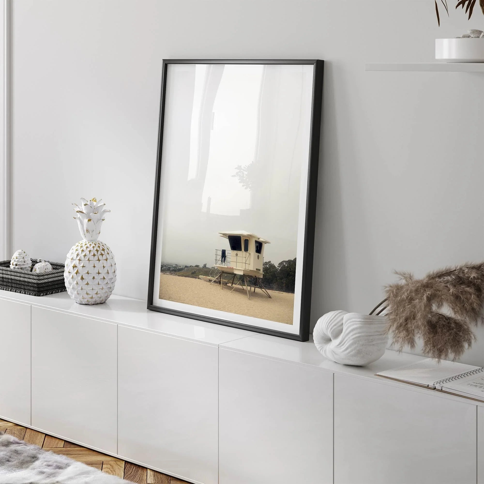 Fine art photograph of a lifeguard stand on the California coast, perfect for modern neutral decor.