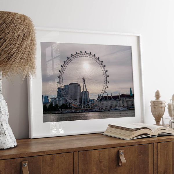 London Eye photography wall art featuring London skyline and sunset light