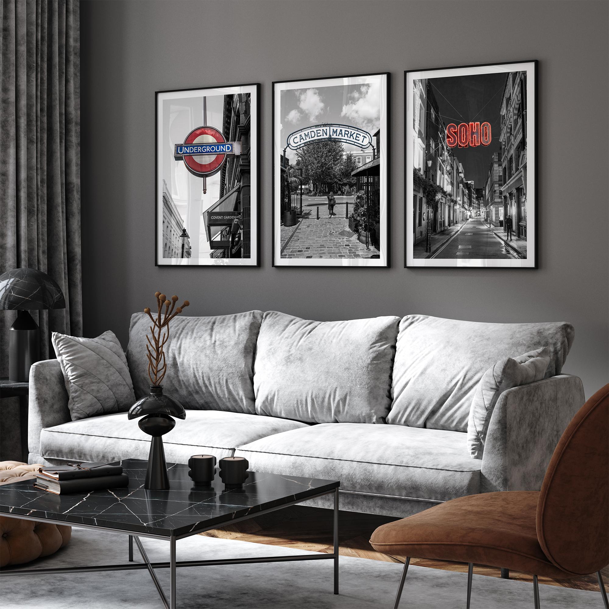London wall art set of three photography prints featuring Covent Garden Underground, Camden Market and Soho by Ran Milo