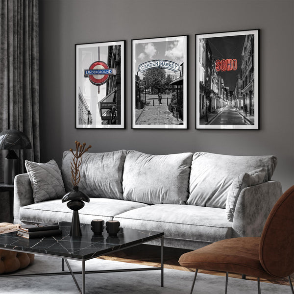London wall art set of three photography prints featuring Covent Garden Underground, Camden Market and Soho by Ran Milo