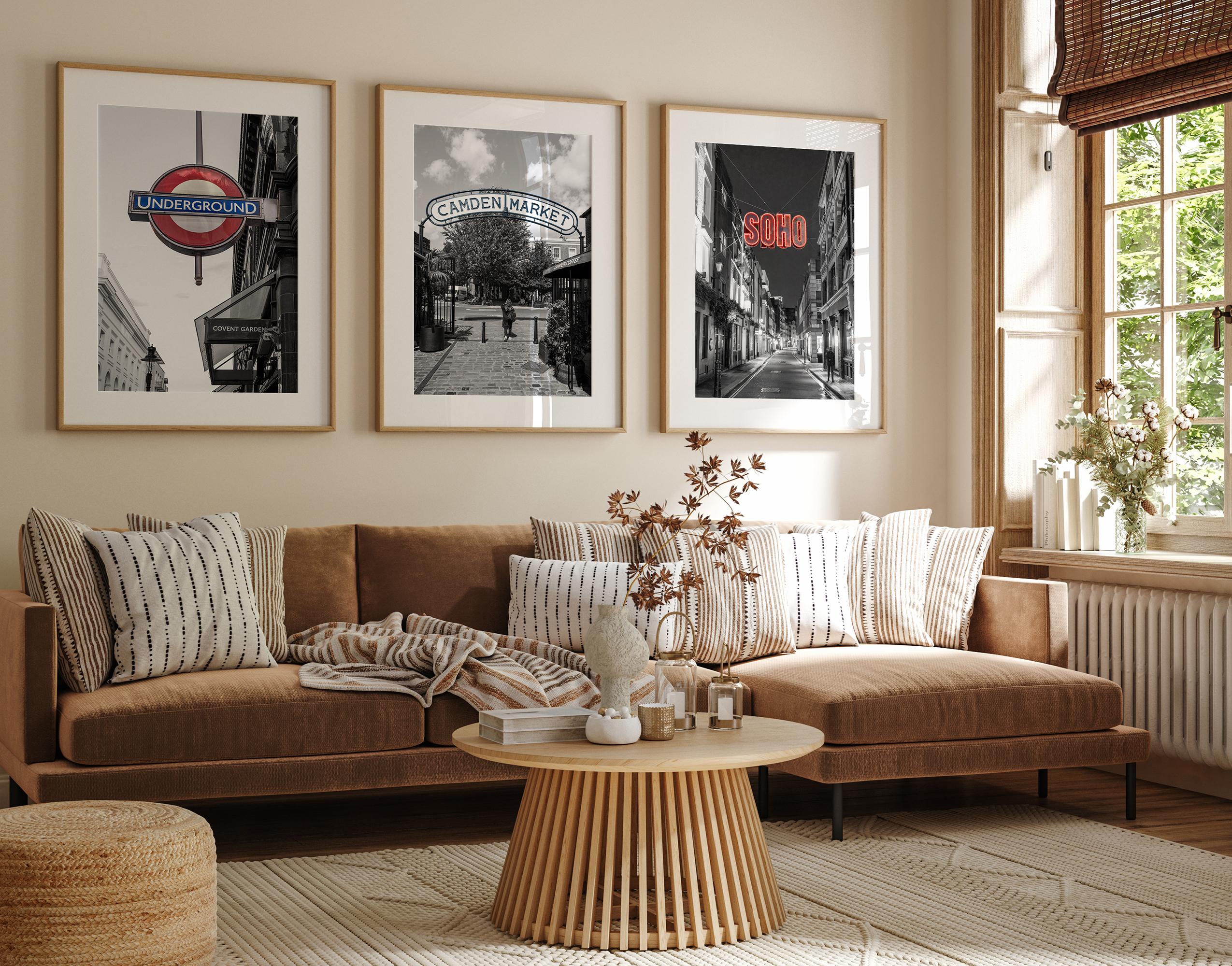 London wall art set of three photography prints featuring Covent Garden Underground, Camden Market and Soho by Ran Milo