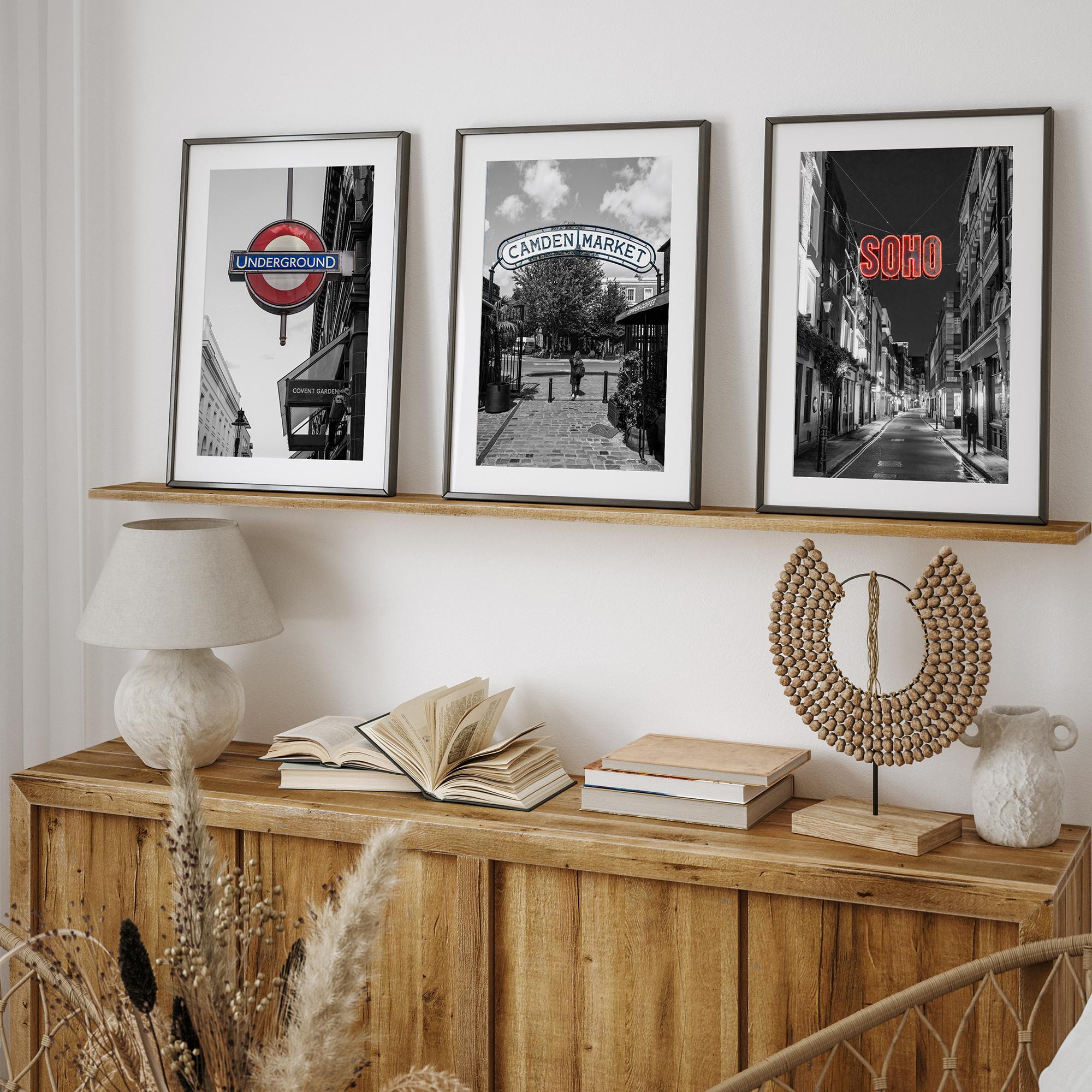 London wall art set of three photography prints featuring Covent Garden Underground, Camden Market and Soho by Ran Milo