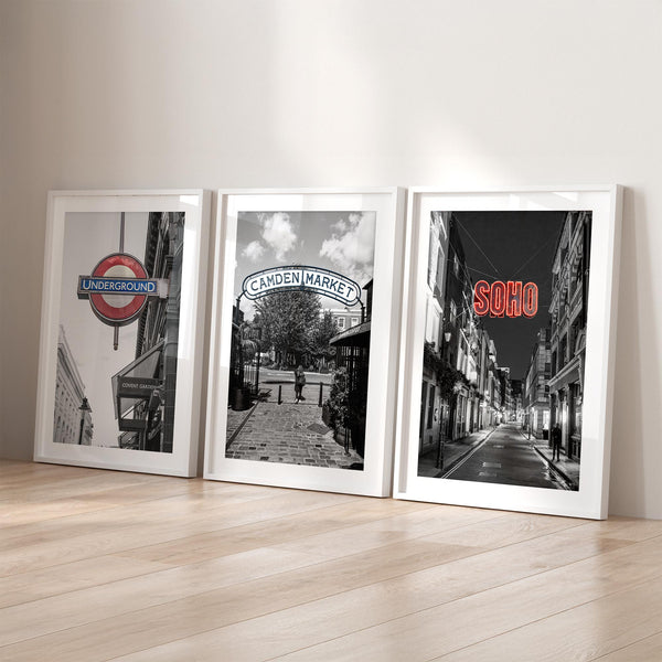 London wall art set of three photography prints featuring Covent Garden Underground, Camden Market and Soho by Ran Milo