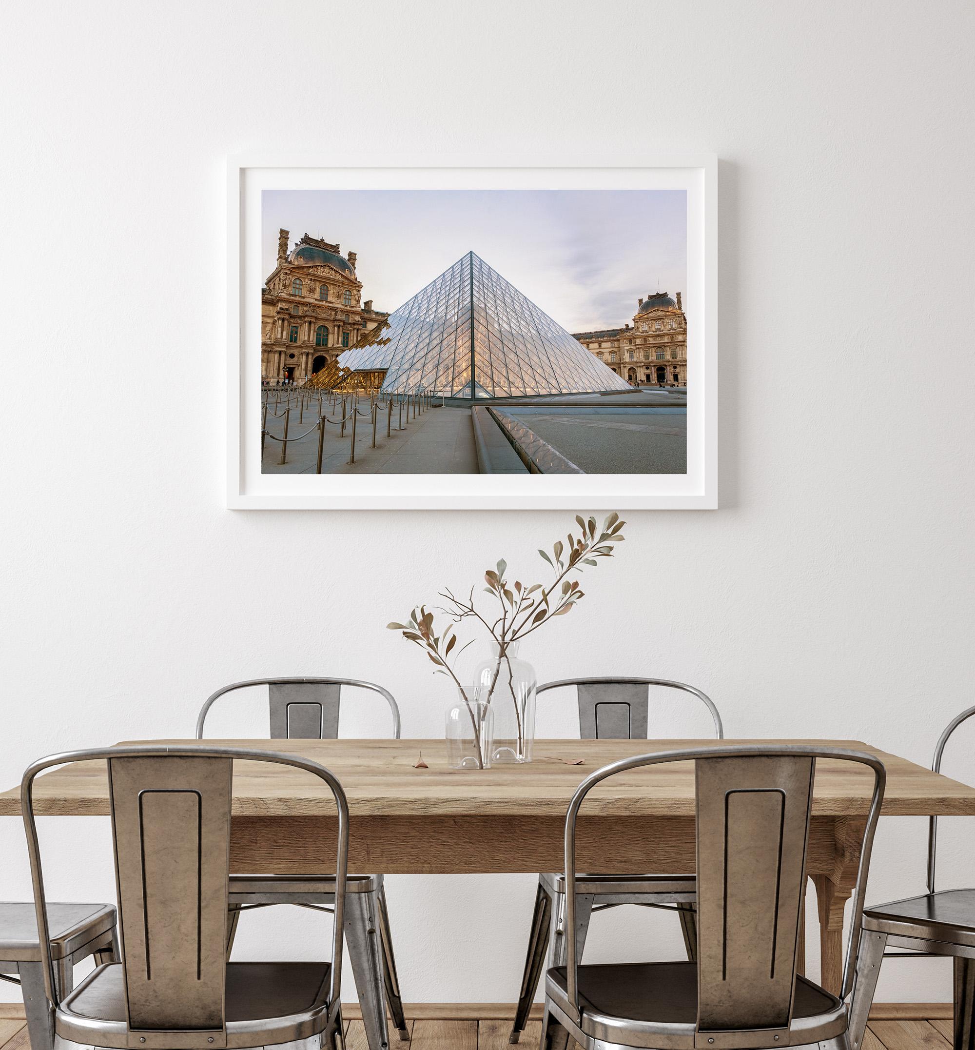 Louvre Pyramid wall art showing the glass pyramid and historic Louvre Museum architecture in Paris, France