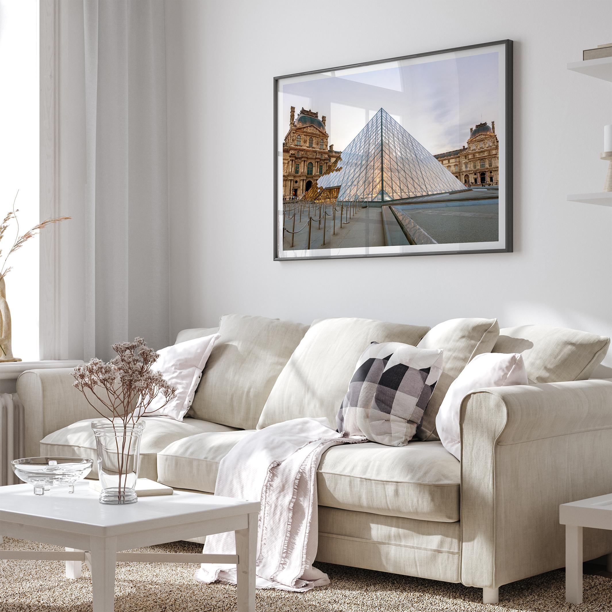 Louvre Pyramid wall art showing the glass pyramid and historic Louvre Museum architecture in Paris, France