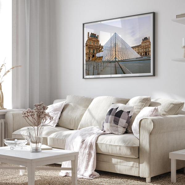 Louvre Pyramid wall art showing the glass pyramid and historic Louvre Museum architecture in Paris, France