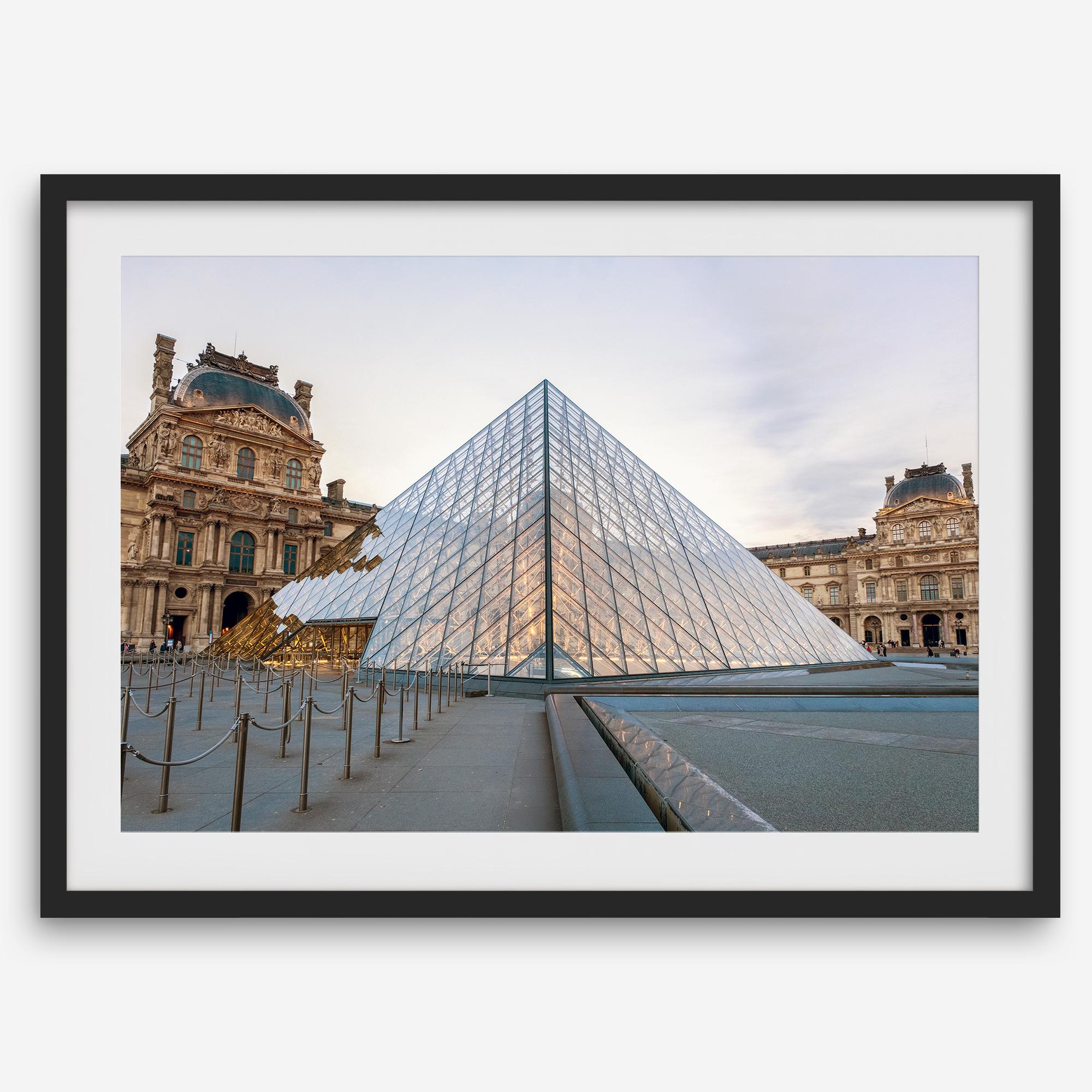 Louvre Pyramid wall art showing the glass pyramid and historic Louvre Museum architecture in Paris, France