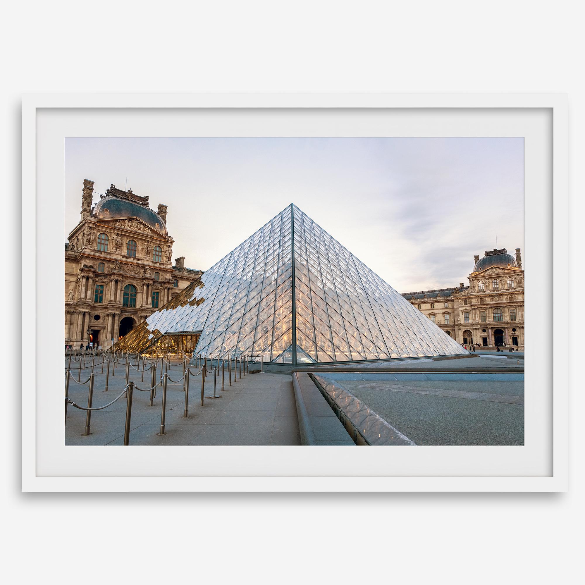 Louvre Pyramid wall art showing the glass pyramid and historic Louvre Museum architecture in Paris, France