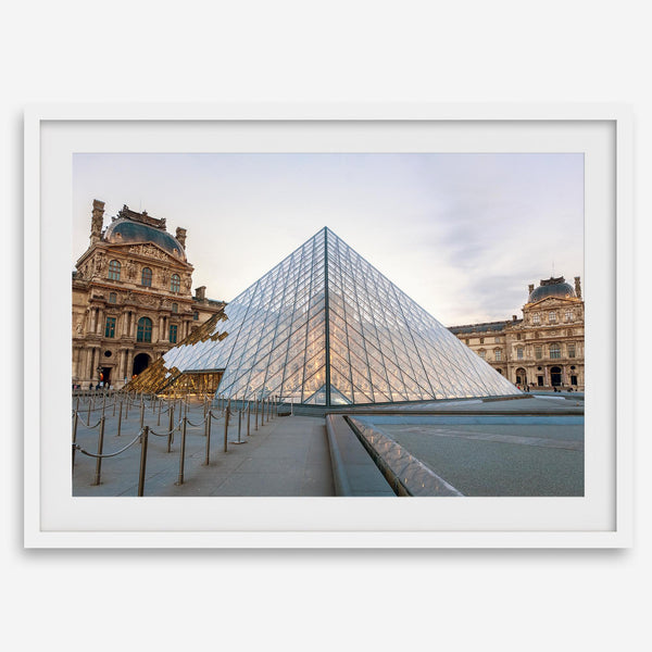 Louvre Pyramid wall art showing the glass pyramid and historic Louvre Museum architecture in Paris, France
