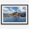 An extra large wall art showcasing the vertical green volcanic cliffs of Na Pali Coast Kauai meeting the blue Pacific Ocean.