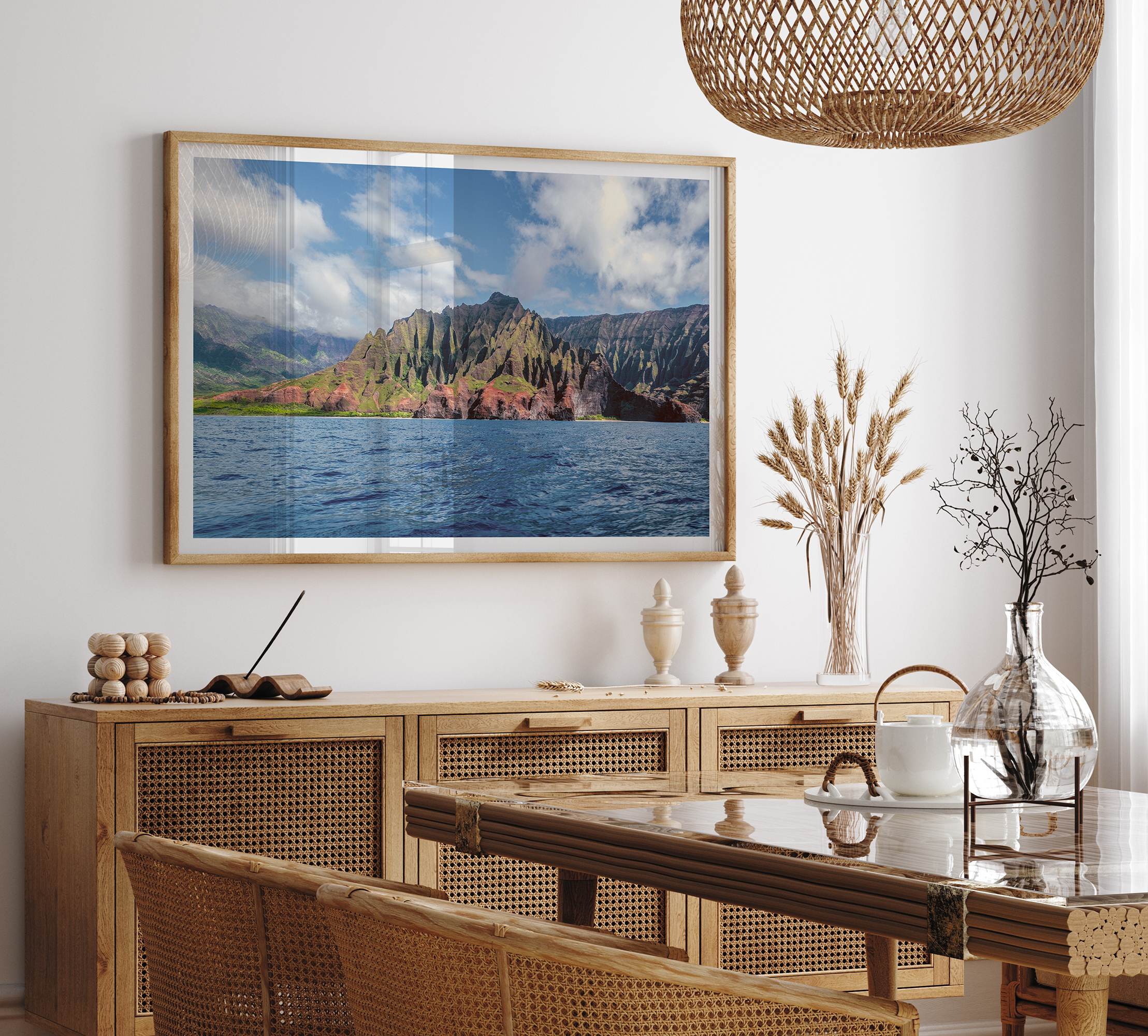 An extra large wall art showcasing the vertical green volcanic cliffs of Na Pali Coast Kauai meeting the blue Pacific Ocean.