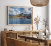 An extra large wall art showcasing the vertical green volcanic cliffs of Na Pali Coast Kauai meeting the blue Pacific Ocean.