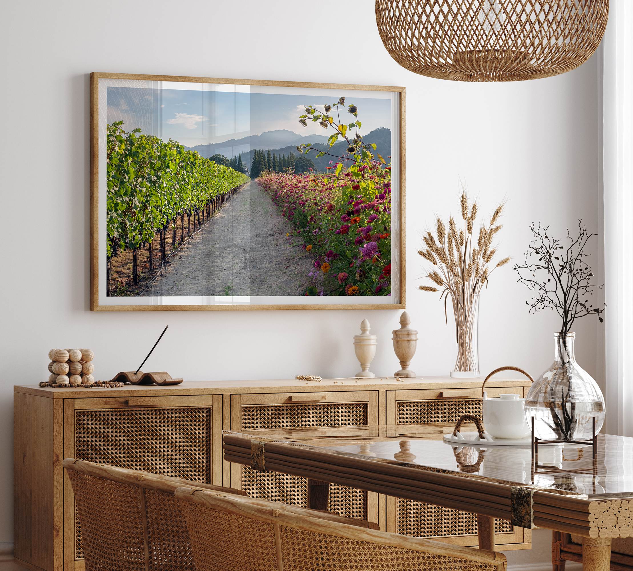 High-quality fine art print of a California vineyard landscape with rolling hills in the background.