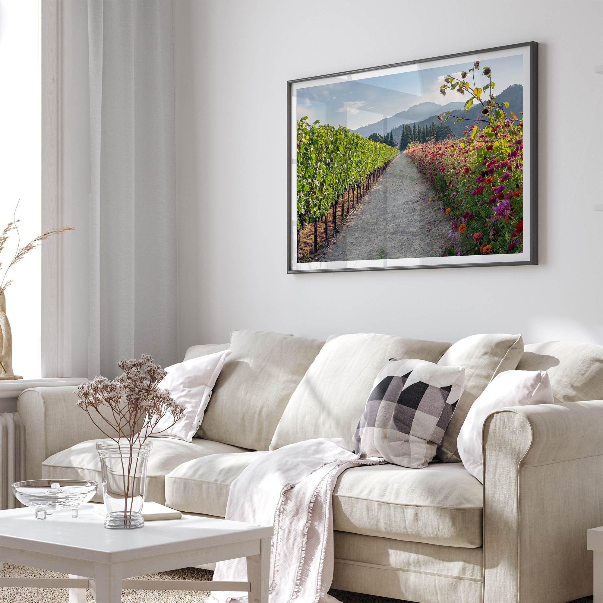 High-quality fine art print of a California vineyard landscape with rolling hills in the background.