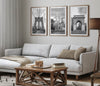 Framed New York photography set with Brooklyn Bridge, Chrysler Building skyline, and Washington Square Park scenes.