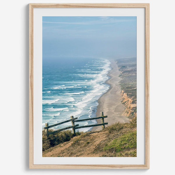 A fine art print of 10-mile beach in Point Reyes, California. In this beach wall art, you can see the long beach stretches as far as the eyes can see and the waves crashing against the beach.