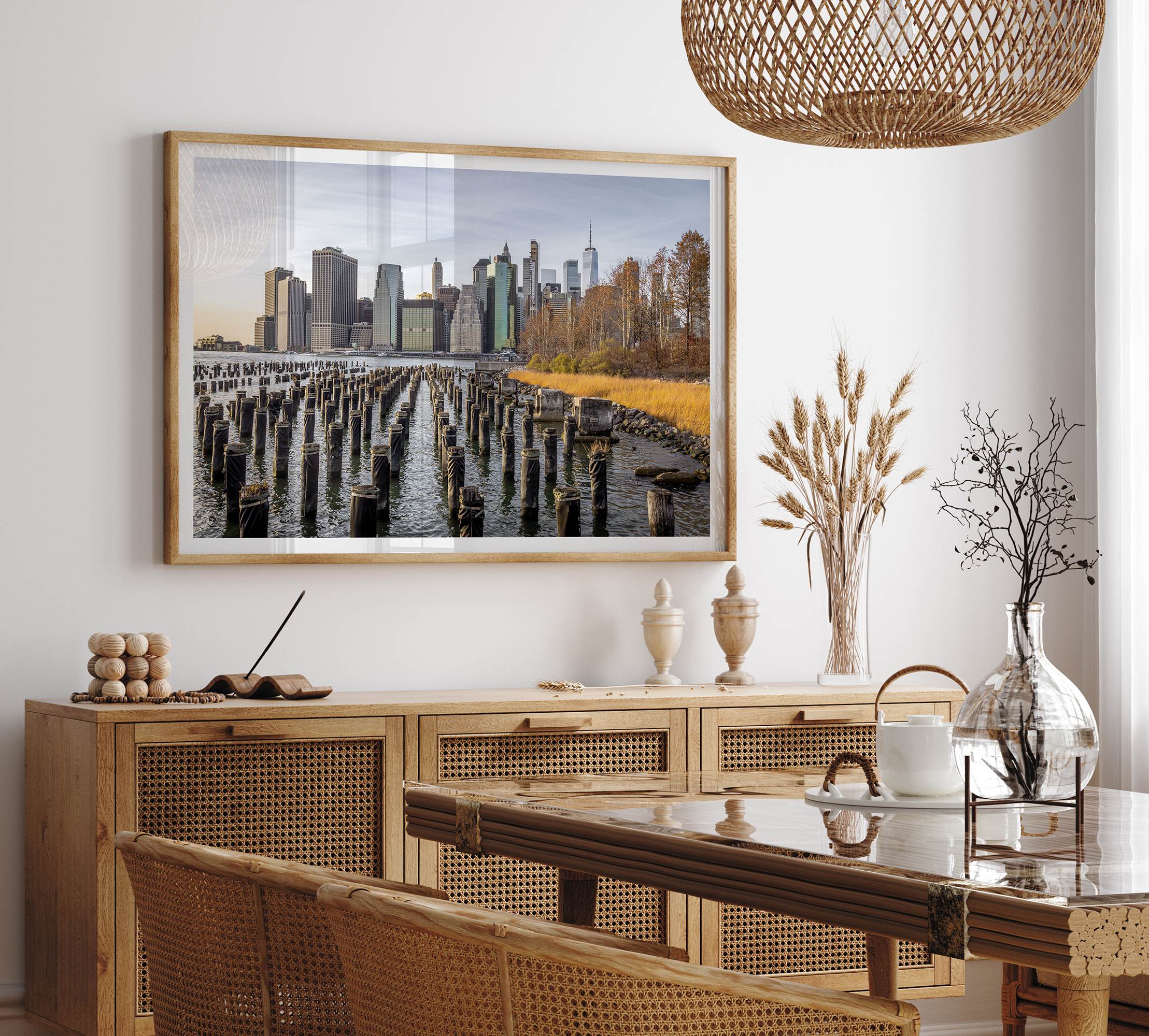 Urban landscape photography of Lower Manhattan from Brooklyn Bridge Park waterfront.
