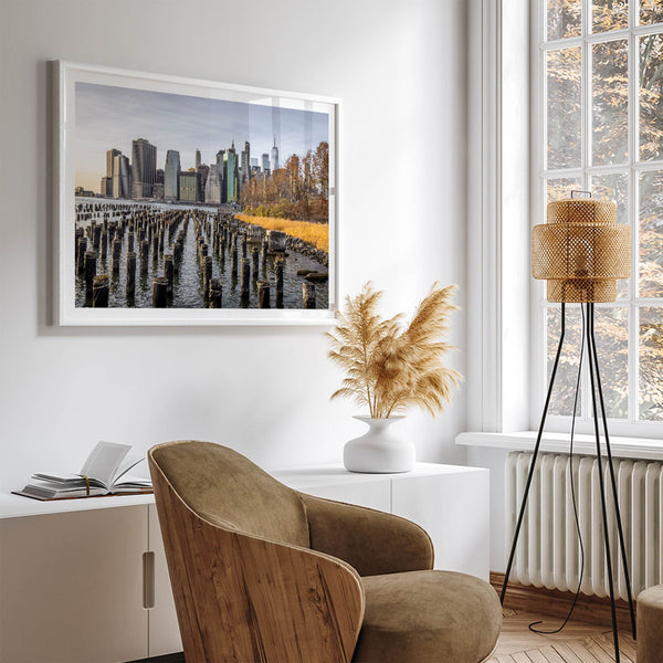 Urban landscape photography of Lower Manhattan from Brooklyn Bridge Park waterfront.