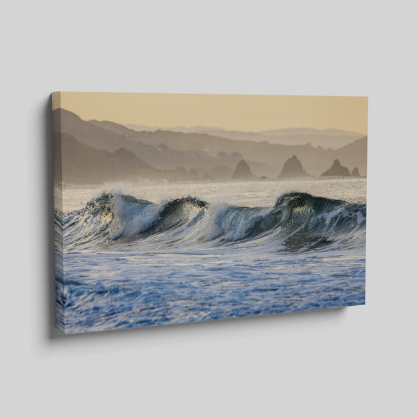 Golden hour ocean waves crashing with coastal cliffs in background – fine art seascape print