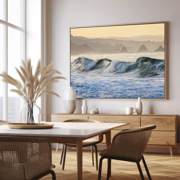 Golden hour ocean waves crashing with coastal cliffs in background – fine art seascape print