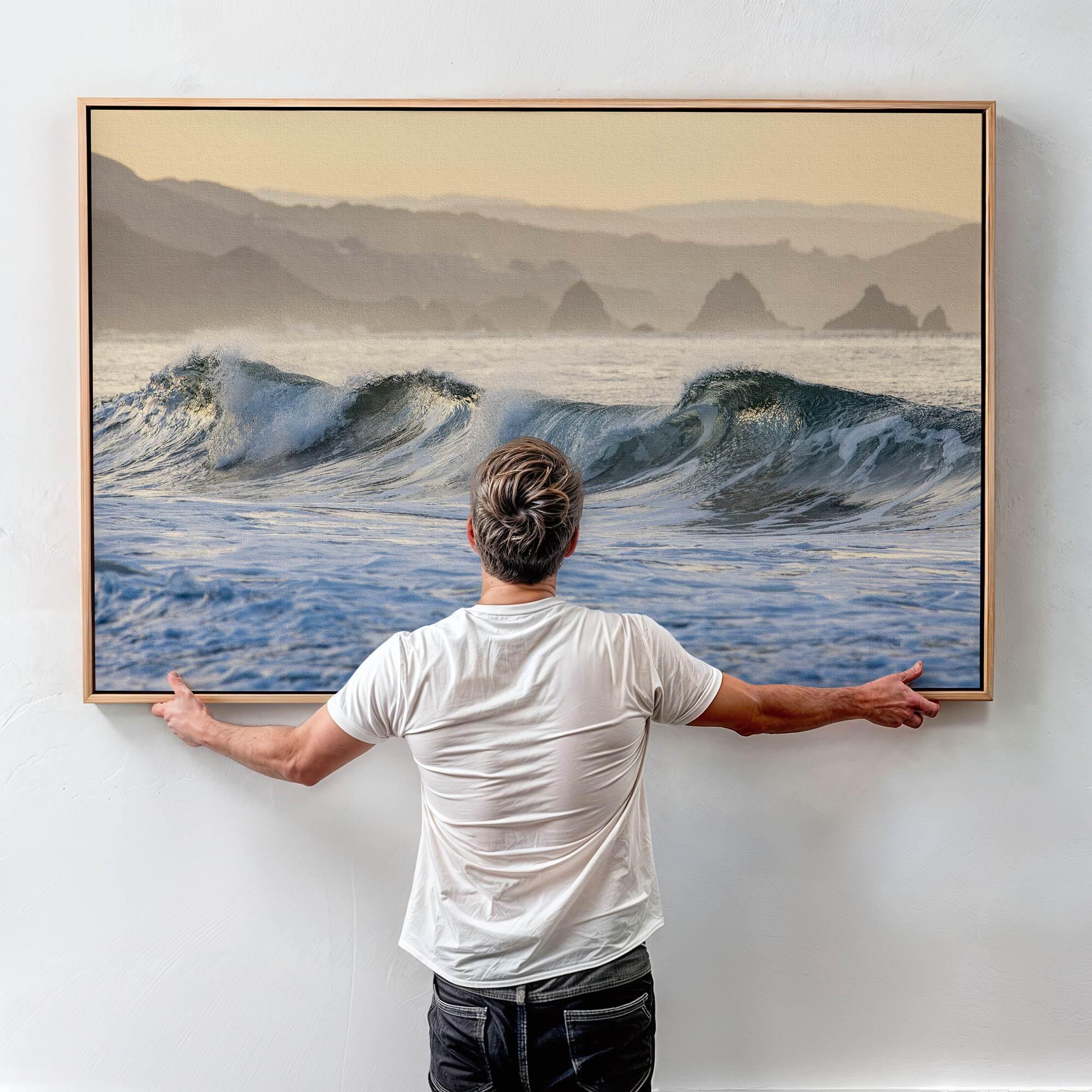 Golden hour ocean waves crashing with coastal cliffs in background – fine art seascape print