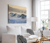Golden hour ocean waves crashing with coastal cliffs in background – fine art seascape print