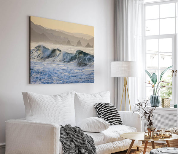 Golden hour ocean waves crashing with coastal cliffs in background – fine art seascape print