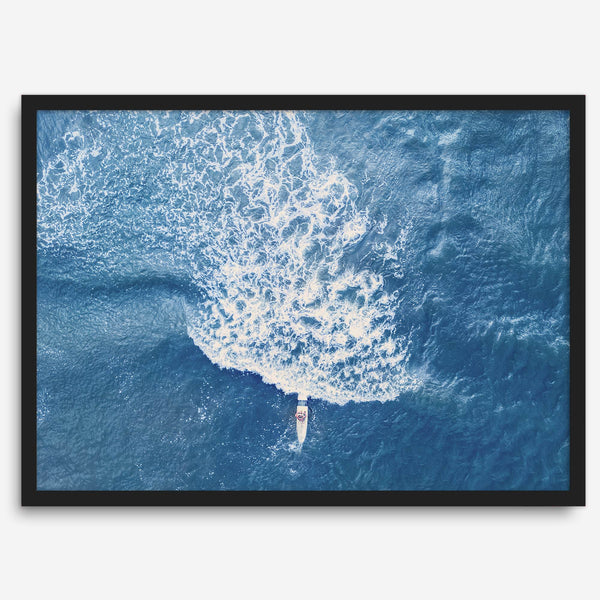 Ocean wave aerial photography print featuring a surfer in Kauai Hawaii with modern coastal styling