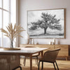Close-up of black and white canvas texture showing detailed tree branches in scenic mountain setting.
