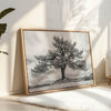 Close-up of black and white canvas texture showing detailed tree branches in scenic mountain setting.