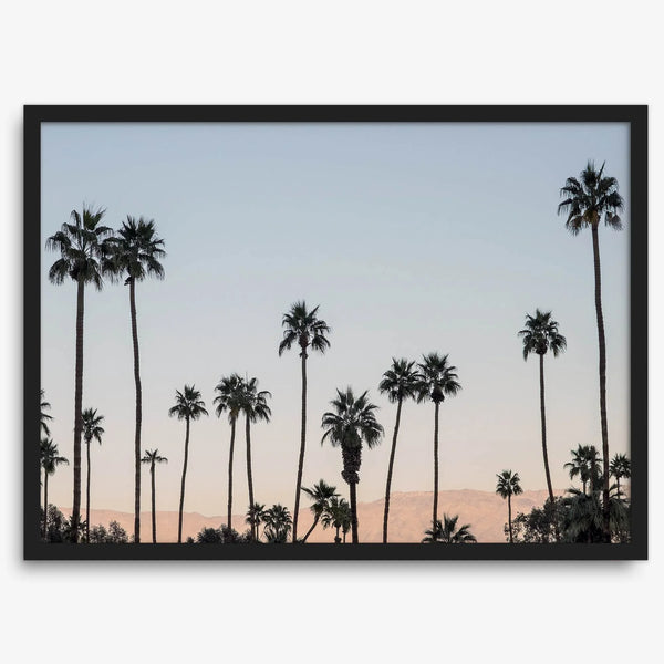 Silhouetted palm trees in Palm Springs under a clear blue sky with pink desert mountains in background
