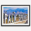 Panoramic Palm Springs sign artwork featuring palm trees and mountain views in California