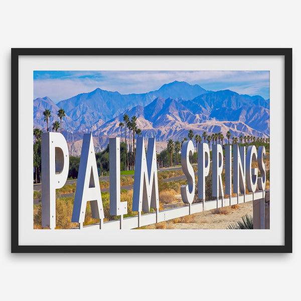 Panoramic Palm Springs sign artwork featuring palm trees and mountain views in California