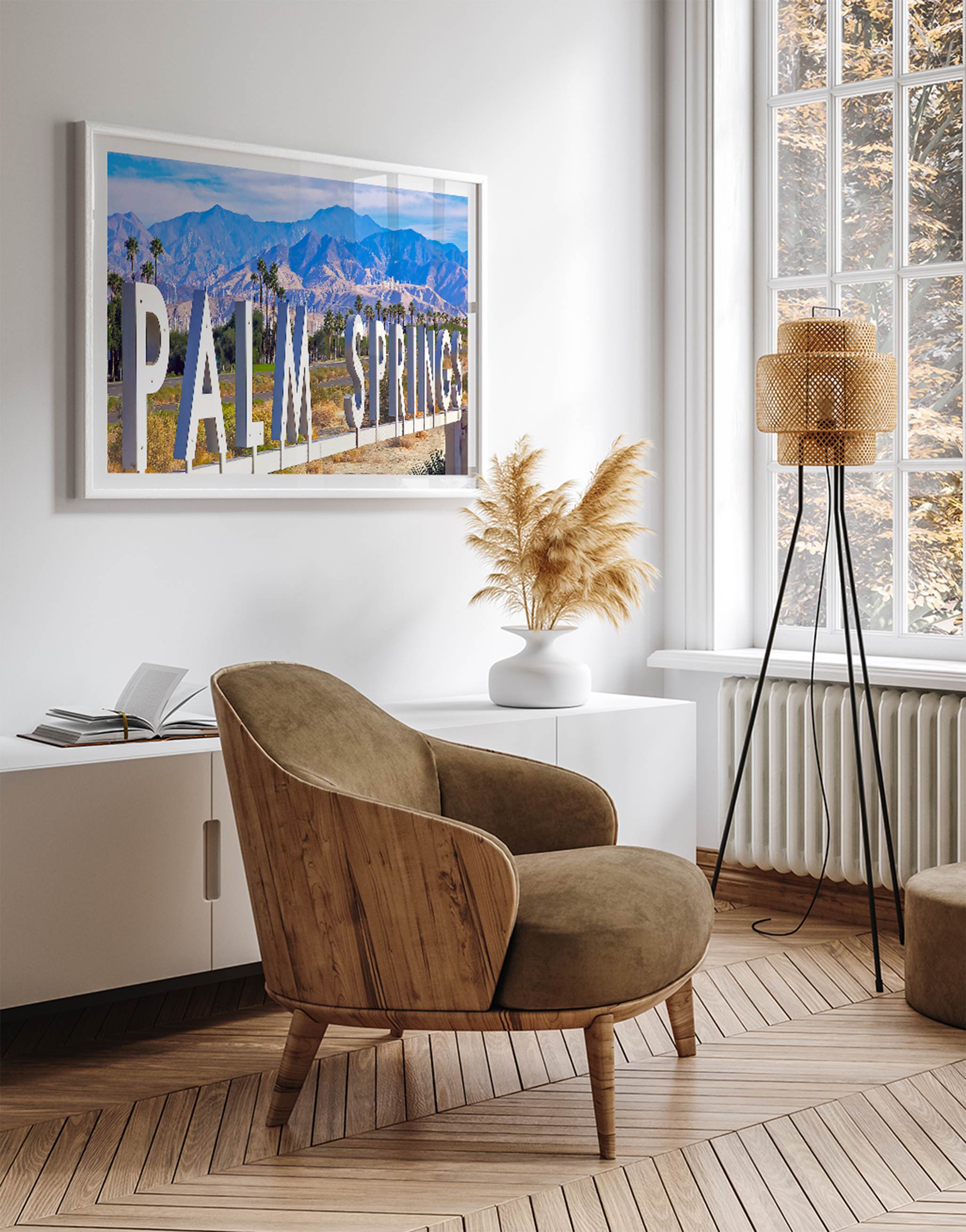 Panoramic Palm Springs sign artwork featuring palm trees and mountain views in California