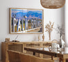 Panoramic Palm Springs sign artwork featuring palm trees and mountain views in California