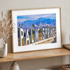 Panoramic Palm Springs sign artwork featuring palm trees and mountain views in California