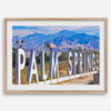 Panoramic Palm Springs sign artwork featuring palm trees and mountain views in California